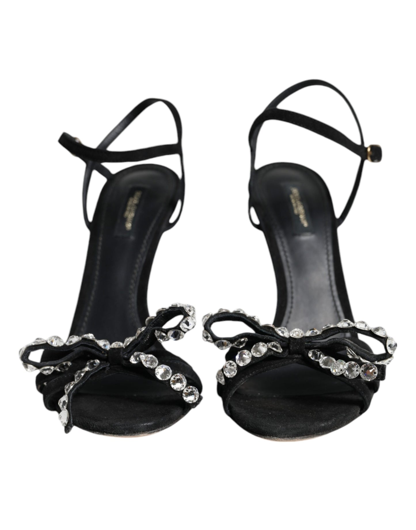 Dolce &amp; Gabbana Schwarze Leder Kristall Schleife Heels Sandalen Schuhe