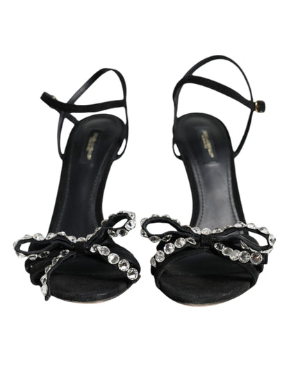 Dolce &amp; Gabbana Schwarze Leder Kristall Schleife Heels Sandalen Schuhe
