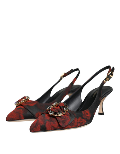 Dolce &amp; Gabbana – Slingback-Schuhe mit Blumenmuster und Kristallabsatz in Schwarz und Rot