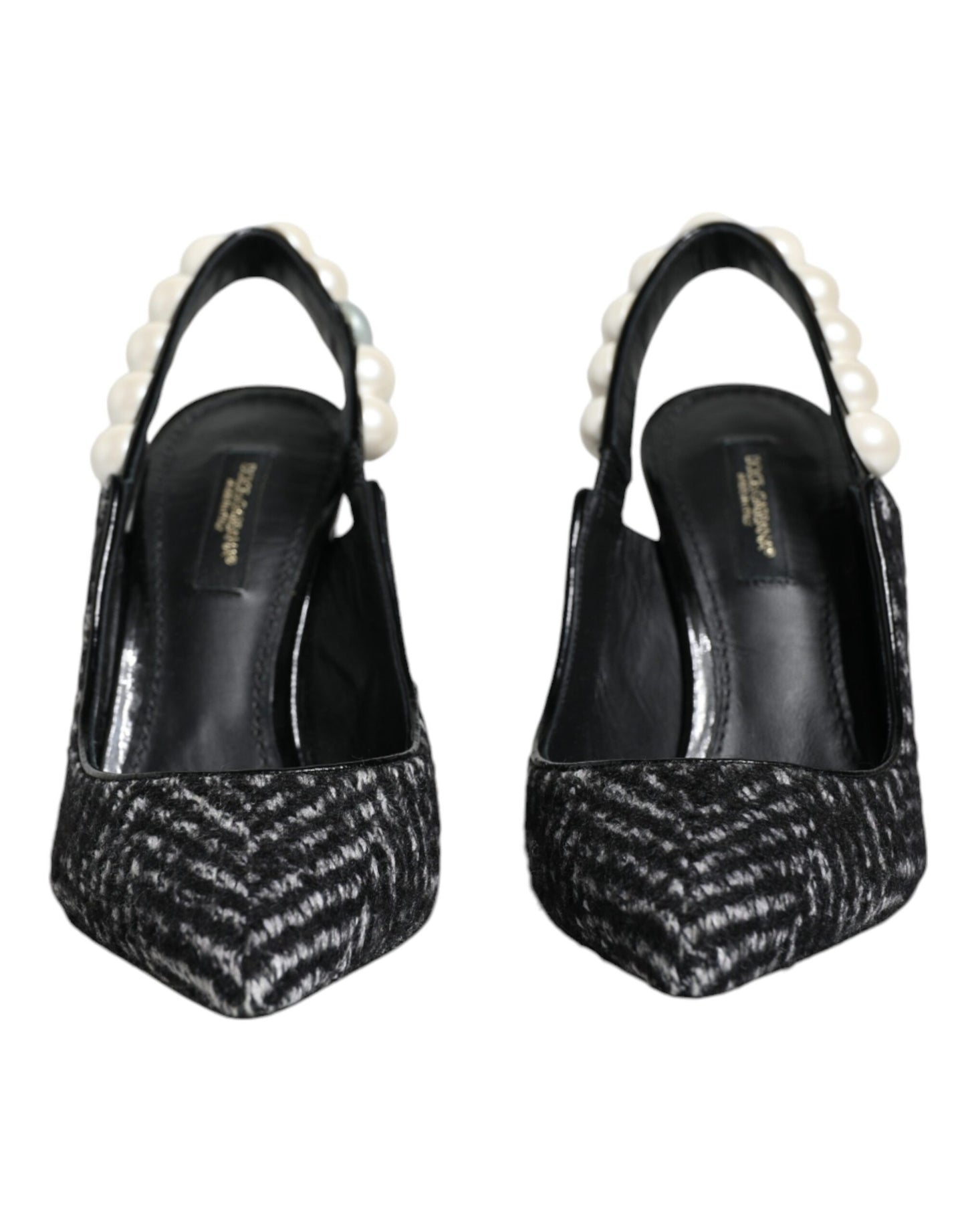 Dolce &amp; Gabbana – Slingback-Schuhe mit Kunstperlen und Chevron-Muster in Weiß und Schwarz