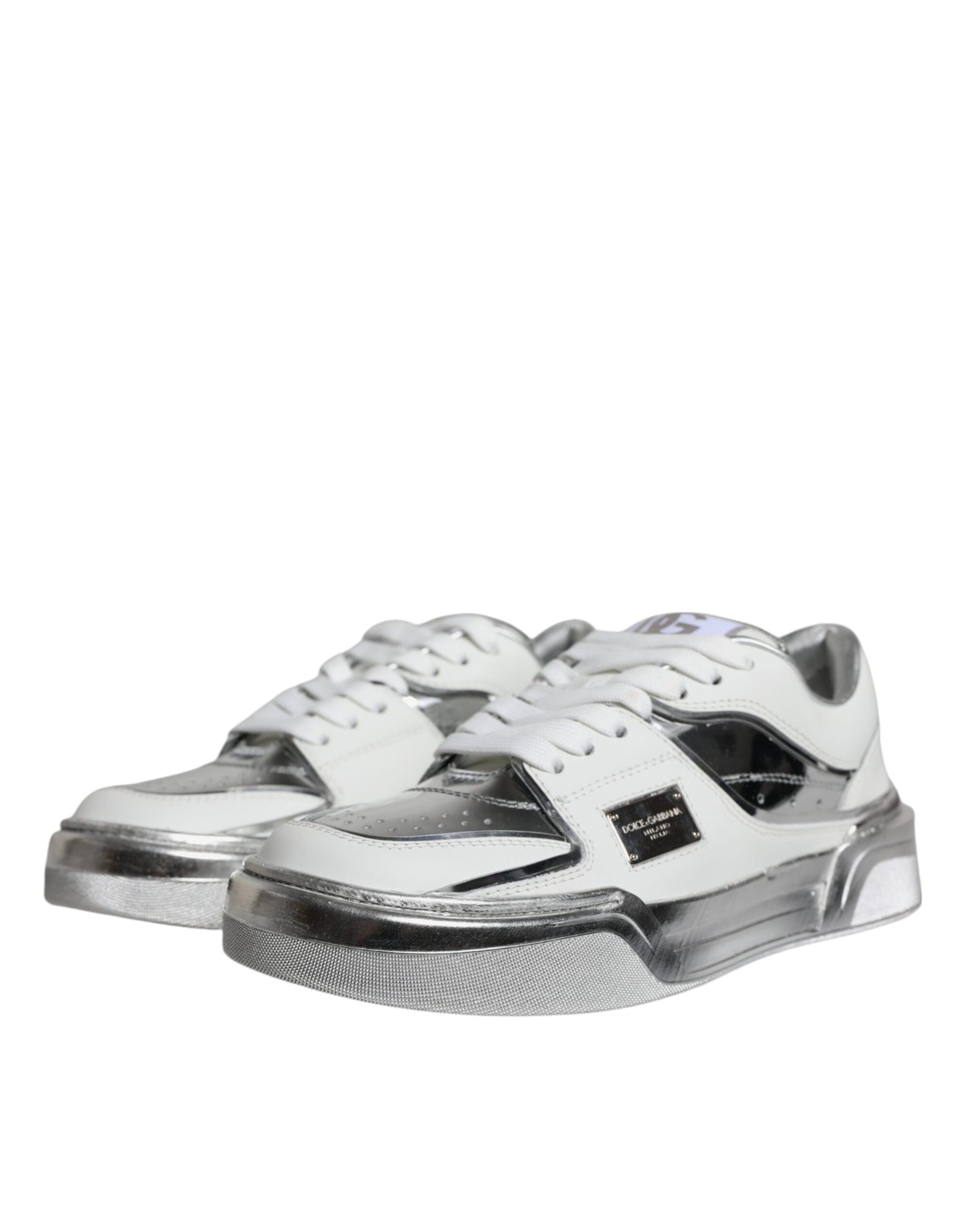 Dolce &amp; Gabbana Weiß Silber Leder Low Top Sneakers Schuhe