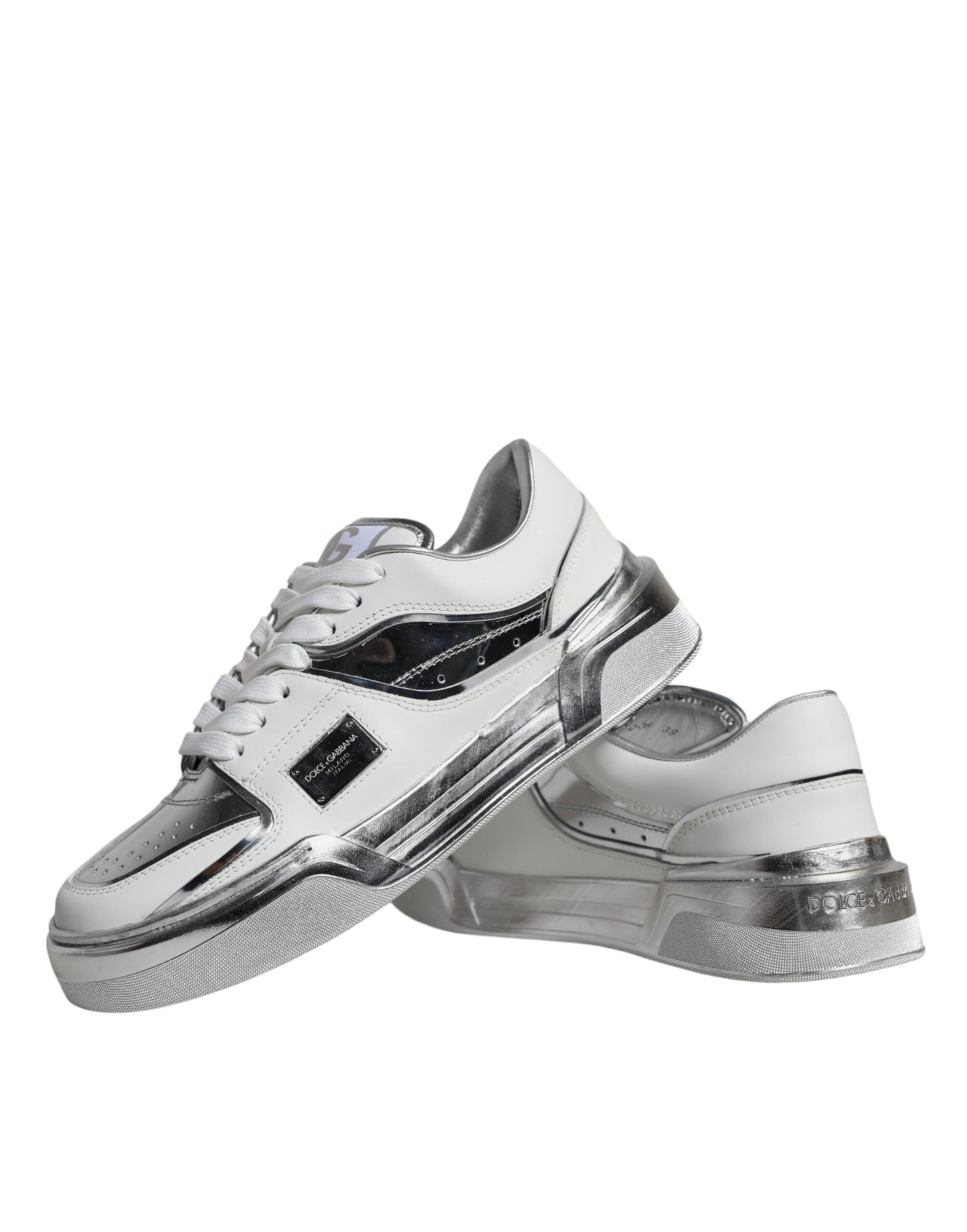 Dolce &amp; Gabbana Weiß Silber Leder Low Top Sneakers Schuhe