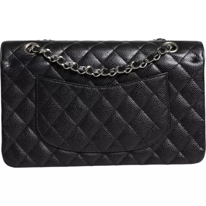 Chanel Black Caviar Medium Classic Double Flap Schultertasche in gestepptem Silber