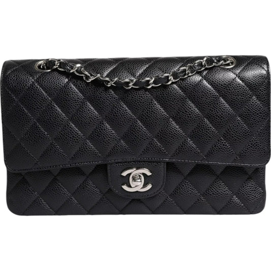 Chanel Black Caviar Medium Classic Double Flap Schultertasche in gestepptem Silber