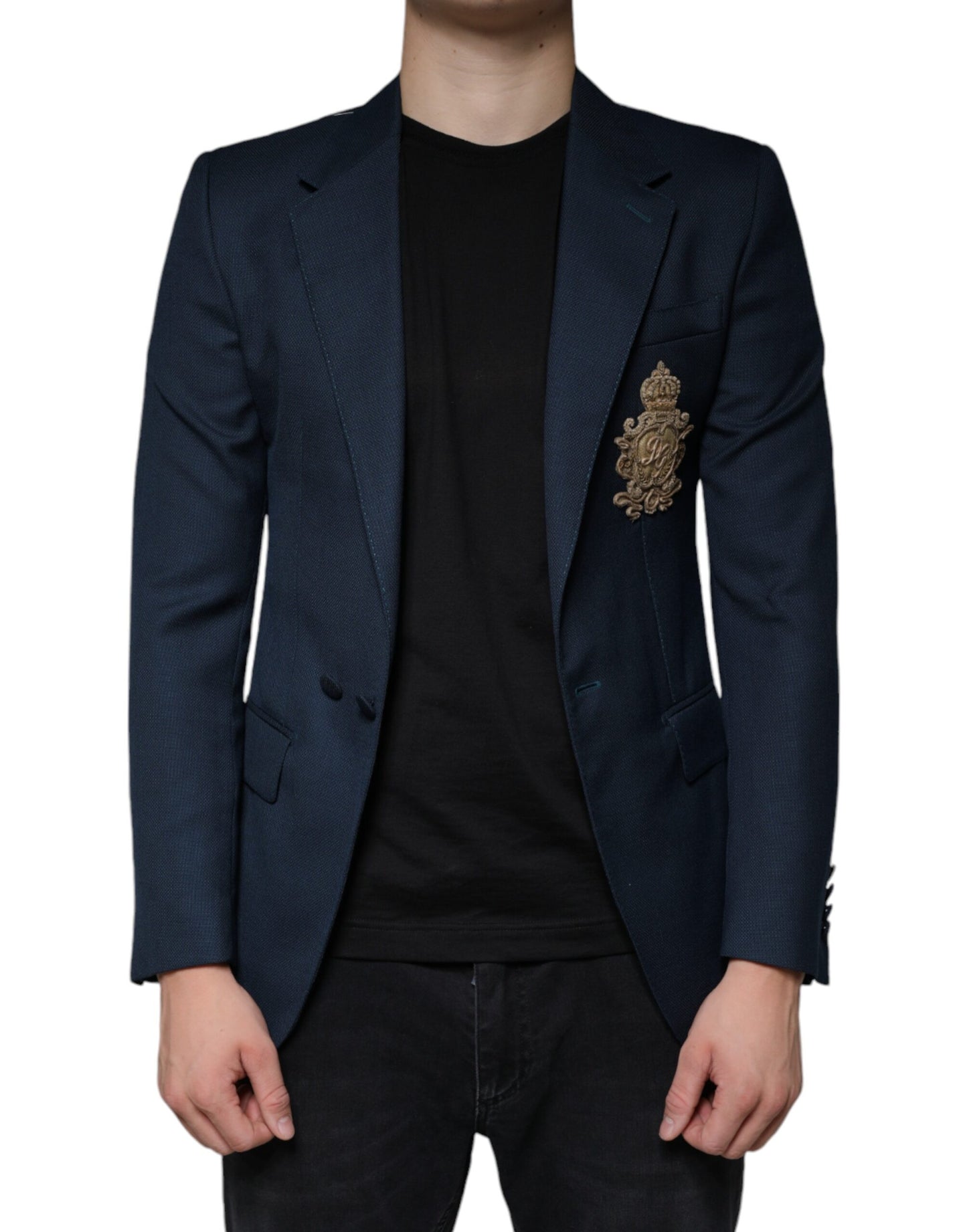 Dolce &amp; Gabbana – Einreihiger Blazer aus blauer Wolle mit Logo