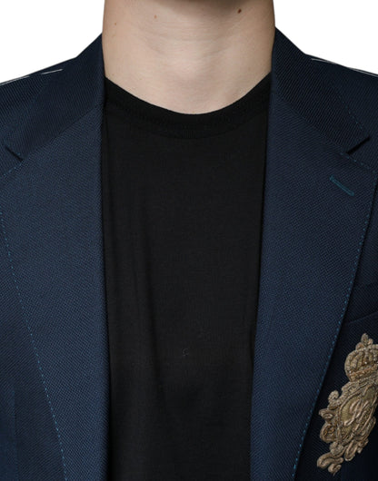 Dolce &amp; Gabbana – Einreihiger Blazer aus blauer Wolle mit Logo