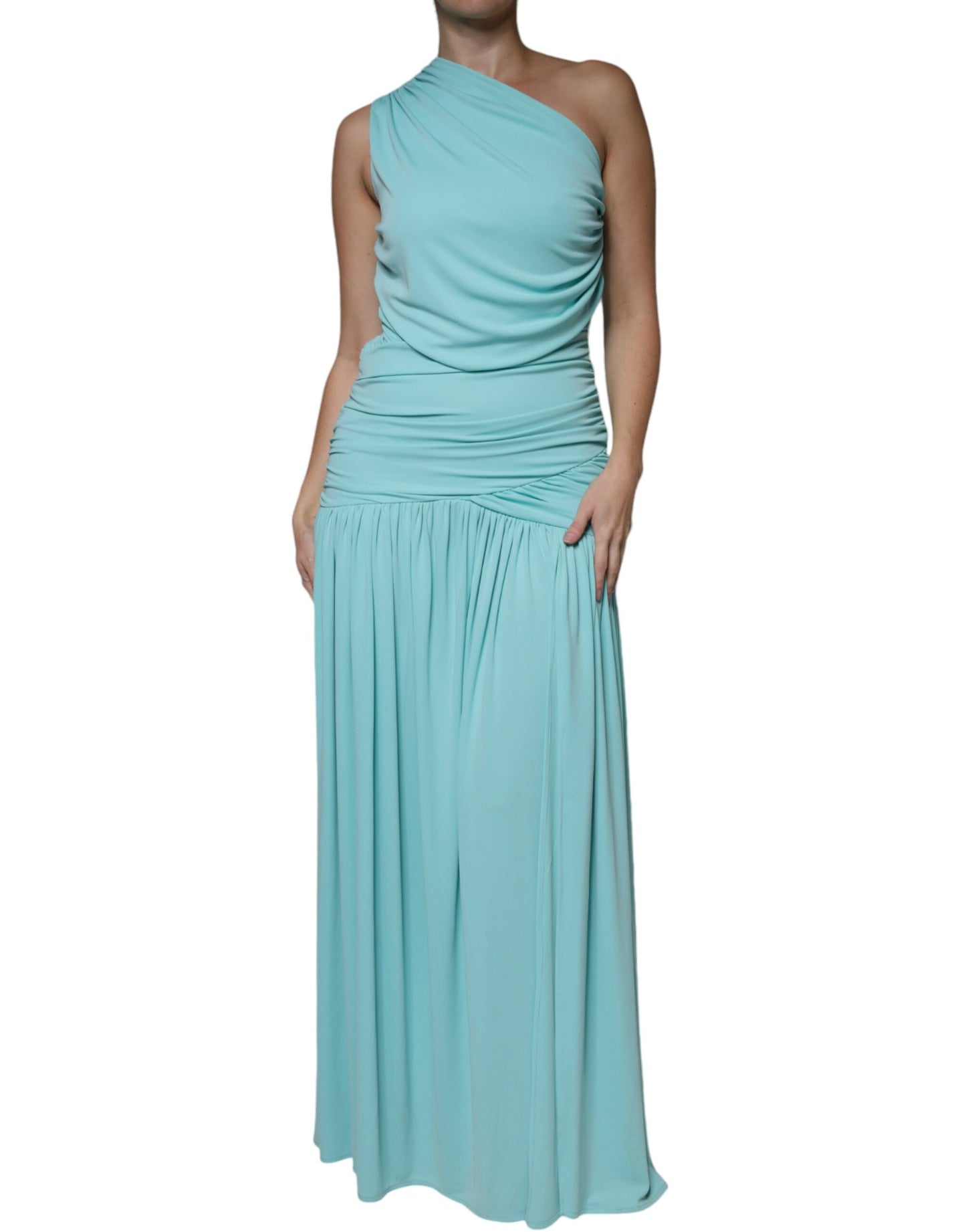 Christian Pellizzari – Langes, drapiertes One-Shoulder-Kleid aus hellblauem Jersey
