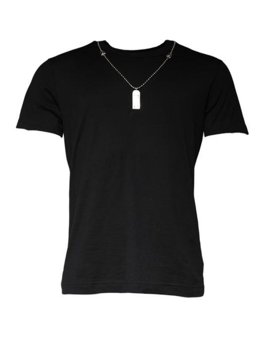 Dolce &amp; Gabbana Schwarzes Baumwoll-T-Shirt mit Halskettenverzierung