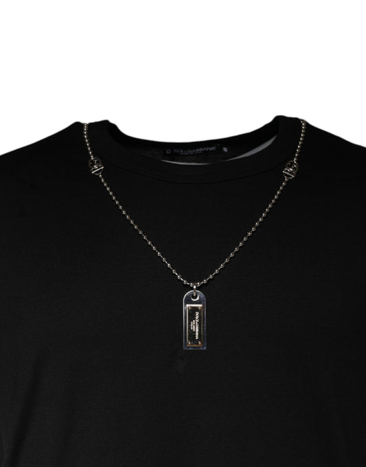 Dolce &amp; Gabbana Schwarzes Baumwoll-T-Shirt mit Halskettenverzierung