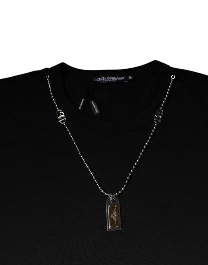 Dolce &amp; Gabbana Schwarzes Baumwoll-T-Shirt mit Halskettenverzierung