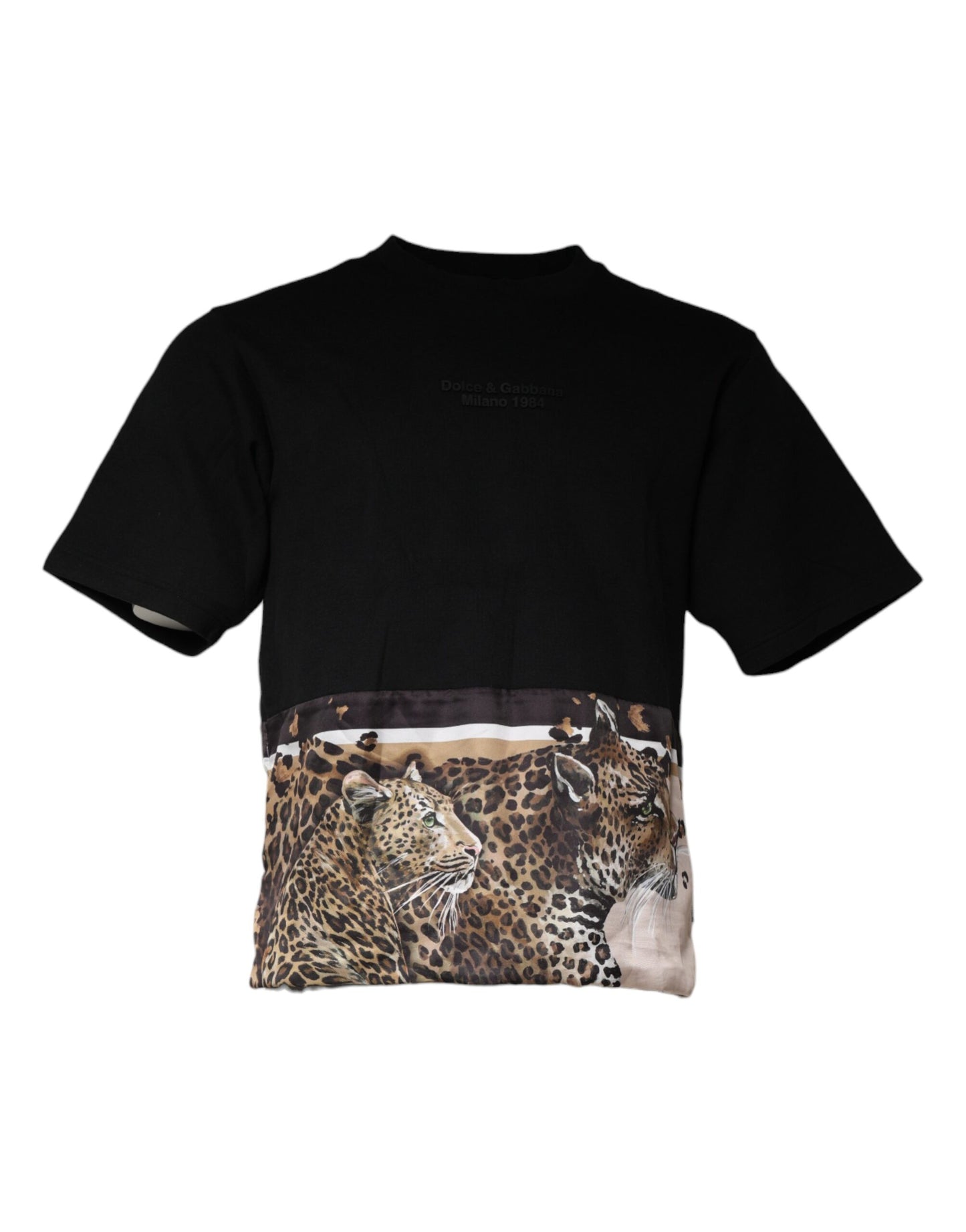 Dolce &amp; Gabbana Schwarzes Kurzarm-T-Shirt aus Baumwolle mit Leopardenmuster