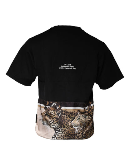Dolce &amp; Gabbana Schwarzes Kurzarm-T-Shirt aus Baumwolle mit Leopardenmuster