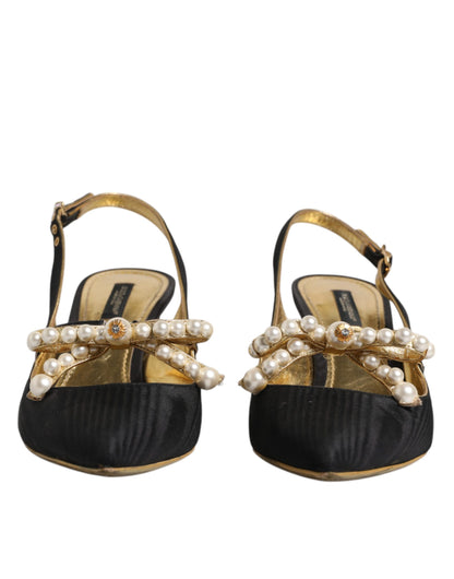 Dolce &amp; Gabbana – Slingback-Schuhe aus schwarzem Leder mit Kunstperlen