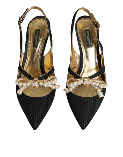 Dolce &amp; Gabbana – Slingback-Schuhe aus schwarzem Leder mit Kunstperlen