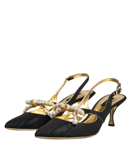 Dolce &amp; Gabbana – Slingback-Schuhe aus schwarzem Leder mit Kunstperlen