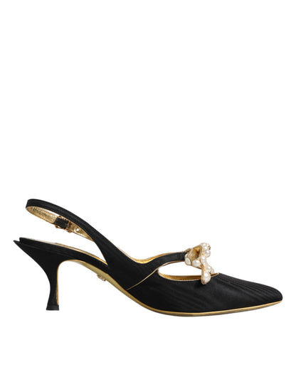 Dolce &amp; Gabbana – Slingback-Schuhe aus schwarzem Leder mit Kunstperlen