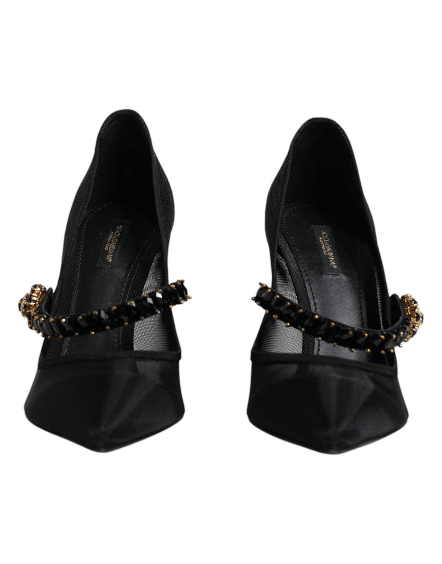 Dolce &amp; Gabbana – Schwarze Mary-Jane-Pumps aus Netzstoff mit Kristallabsatz
