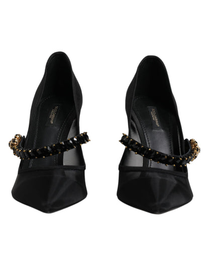 Dolce &amp; Gabbana – Schwarze Mary-Jane-Pumps aus Netzstoff mit Kristallabsatz