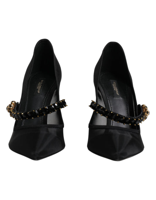 Dolce &amp; Gabbana – Schwarze Mary-Jane-Pumps aus Netzstoff mit Kristallabsatz