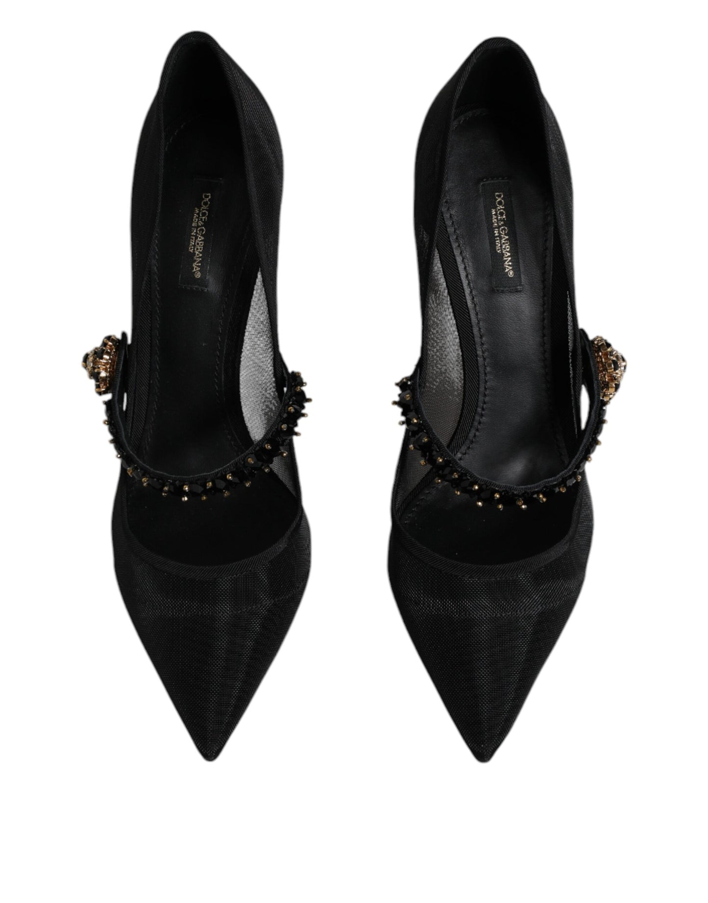 Dolce &amp; Gabbana – Schwarze Mary-Jane-Pumps aus Netzstoff mit Kristallabsatz