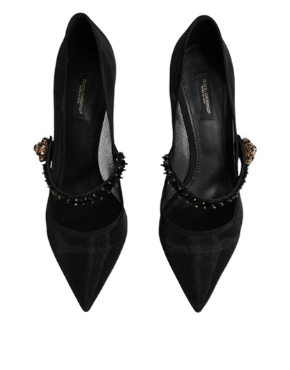 Dolce &amp; Gabbana – Schwarze Mary-Jane-Pumps aus Netzstoff mit Kristallabsatz