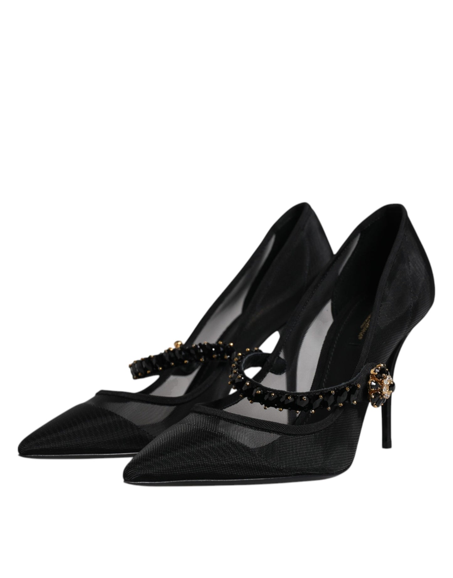 Dolce &amp; Gabbana – Schwarze Mary-Jane-Pumps aus Netzstoff mit Kristallabsatz