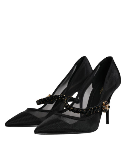 Dolce &amp; Gabbana – Schwarze Mary-Jane-Pumps aus Netzstoff mit Kristallabsatz