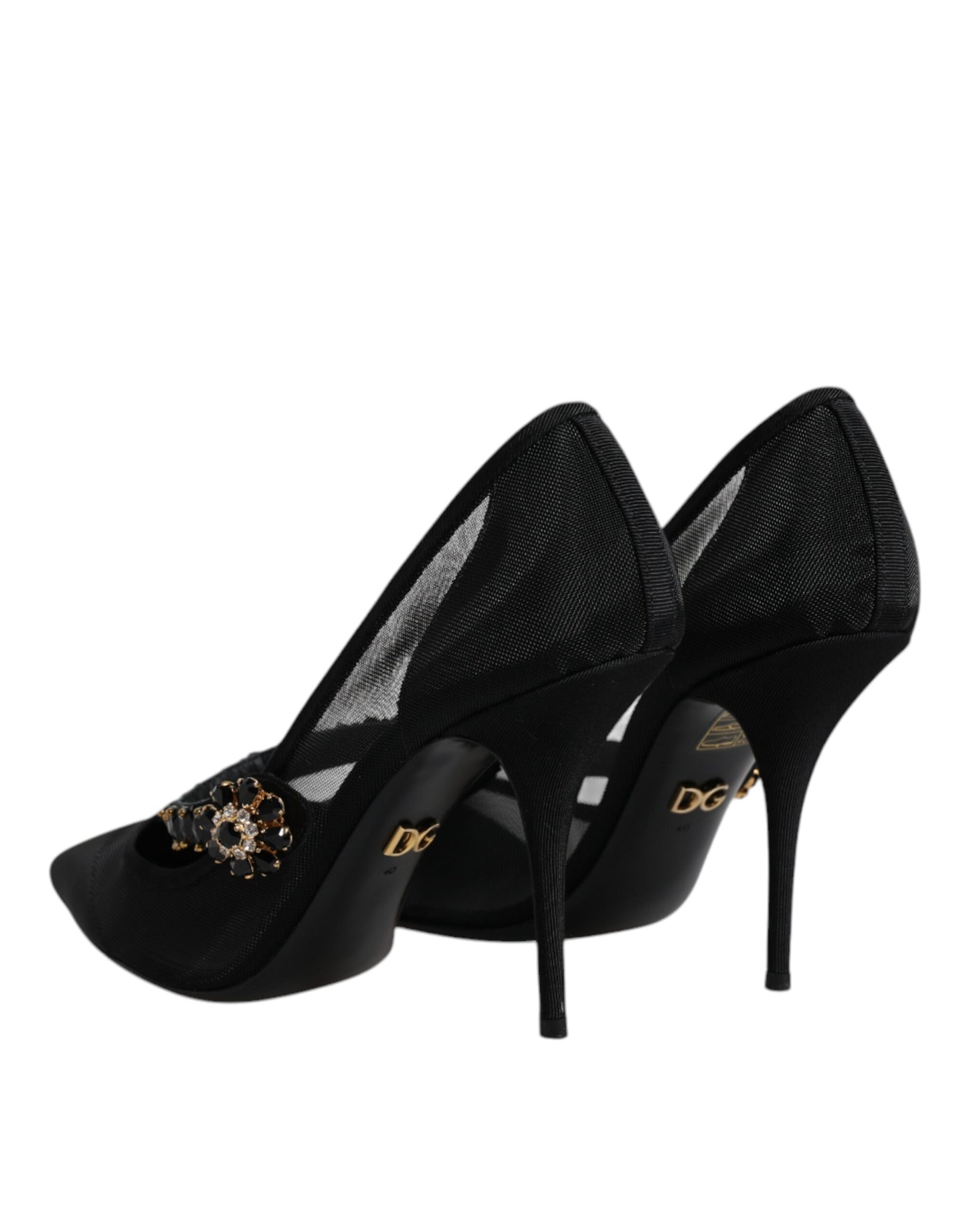 Dolce &amp; Gabbana – Schwarze Mary-Jane-Pumps aus Netzstoff mit Kristallabsatz