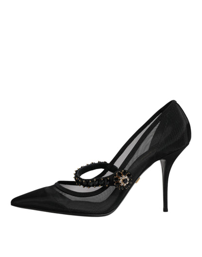 Dolce &amp; Gabbana – Schwarze Mary-Jane-Pumps aus Netzstoff mit Kristallabsatz