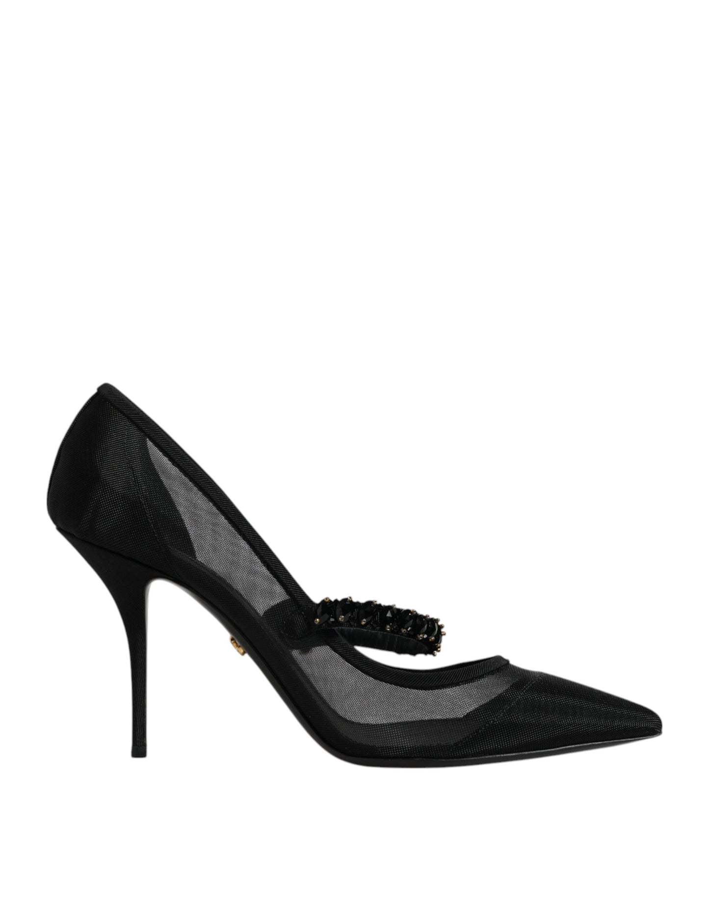 Dolce &amp; Gabbana – Schwarze Mary-Jane-Pumps aus Netzstoff mit Kristallabsatz