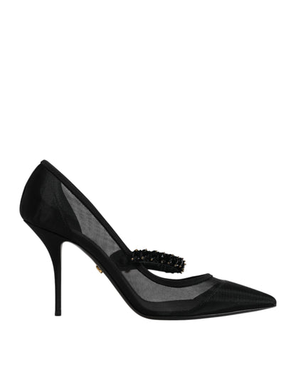 Dolce &amp; Gabbana – Schwarze Mary-Jane-Pumps aus Netzstoff mit Kristallabsatz