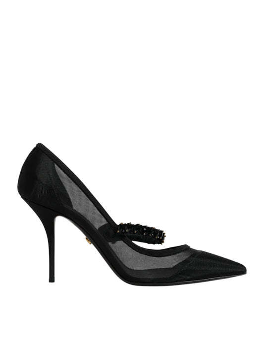 Dolce &amp; Gabbana – Schwarze Mary-Jane-Pumps aus Netzstoff mit Kristallabsatz