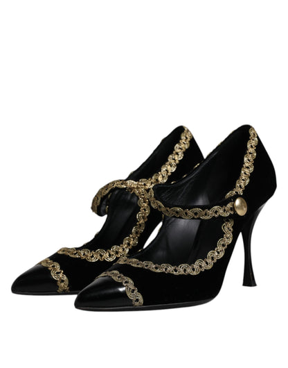 Dolce &amp; Gabbana – Mary Janes-Pumps aus schwarzem Samt in Gold