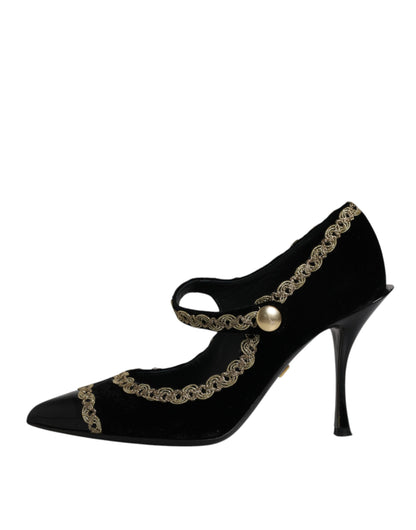 Dolce &amp; Gabbana – Mary Janes-Pumps aus schwarzem Samt in Gold