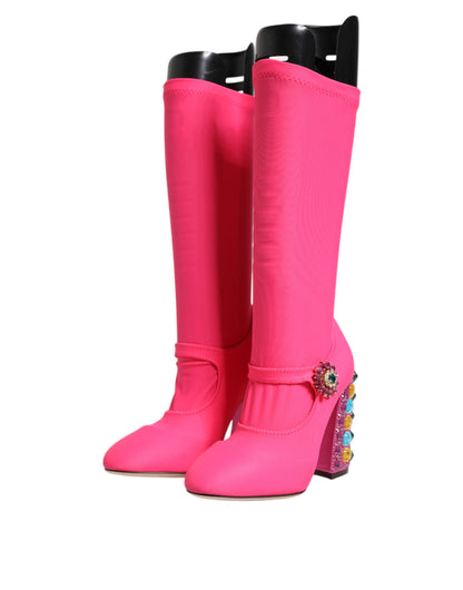 Dolce &amp; Gabbana Pink Nylon Crystal Vally Hohe Stiefel Schuhe