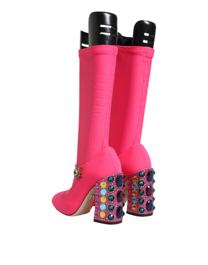 Dolce &amp; Gabbana Pink Nylon Crystal Vally Hohe Stiefel Schuhe