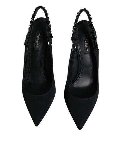 Dolce &amp; Gabbana – Schwarze, verzierte Charmeuse-Slingback-Schuhe