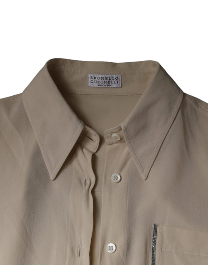 Brunello Cucinelli – Beiges Button-Down-Oberteil aus Seidenmischung mit Kragen