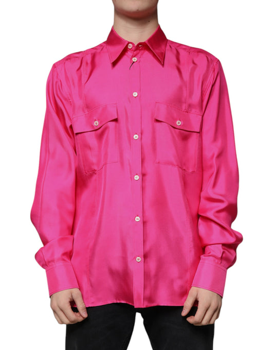 Dolce &amp; Gabbana Herrenhemd mit Knopfleiste und Seidenkragen in Rosa