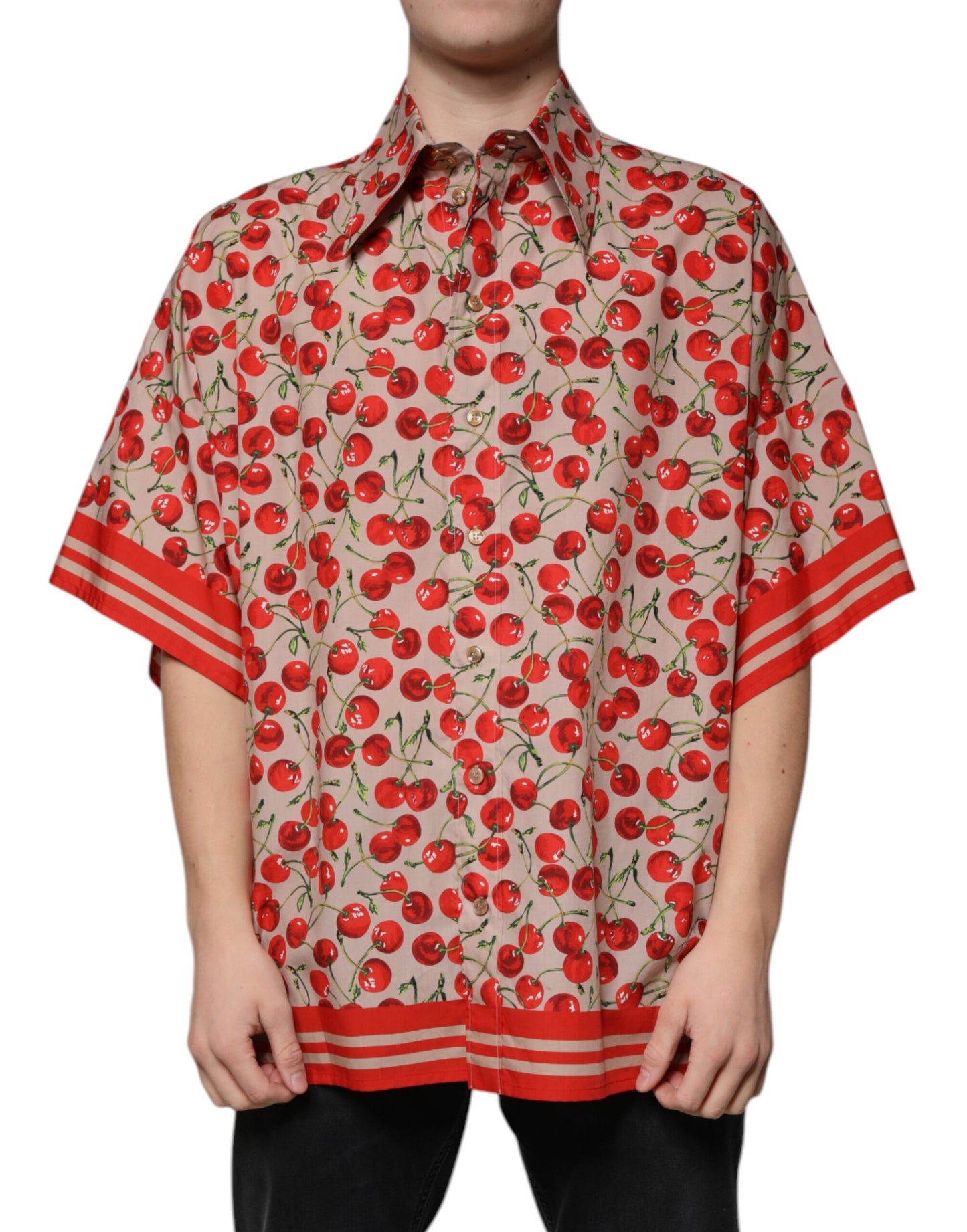 Dolce &amp; Gabbana Beige Cherry Button Down Herren Freizeithemd