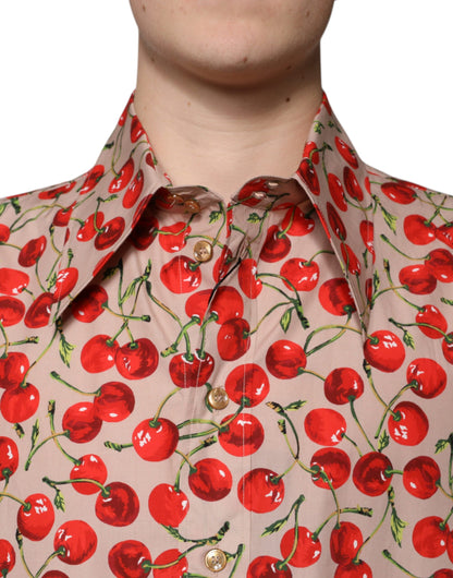 Dolce &amp; Gabbana Beige Cherry Button Down Herren Freizeithemd