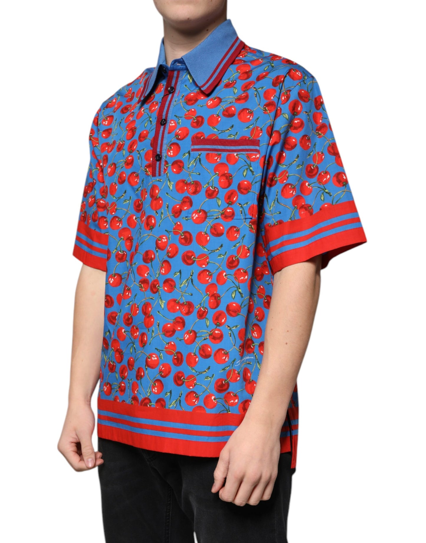 تيشيرت بولو رجالي من دولتشي آند غابانا، أزرق كرزي، قطني، بياقة دائرية