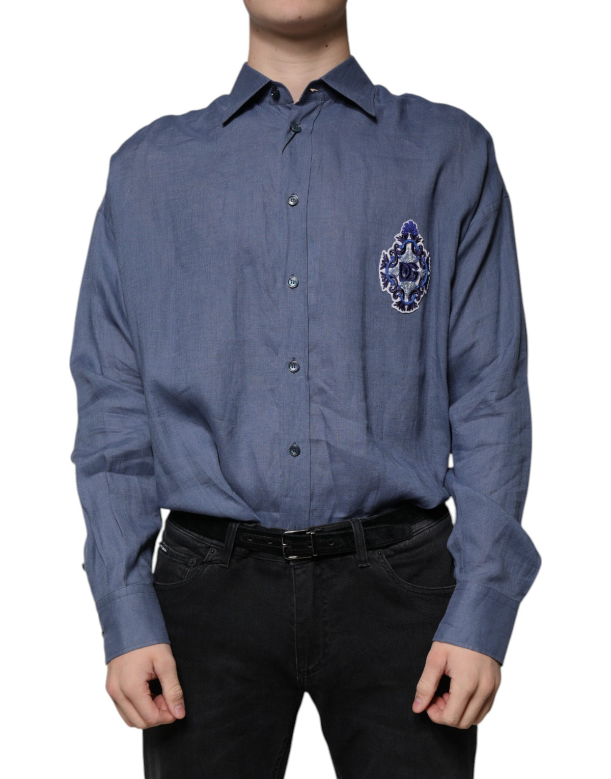 Dolce &amp; Gabbana, blaues, langärmliges Freizeithemd mit Knopfleiste und Logo