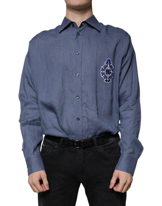 Dolce &amp; Gabbana, blaues, langärmliges Freizeithemd mit Knopfleiste und Logo