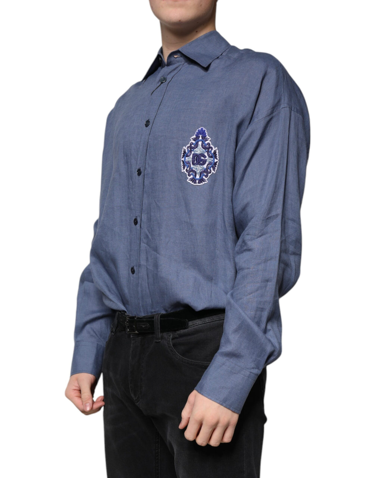 Dolce &amp; Gabbana, blaues, langärmliges Freizeithemd mit Knopfleiste und Logo