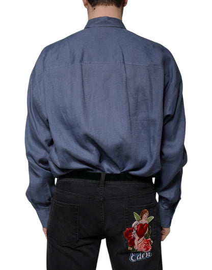 Dolce &amp; Gabbana, blaues, langärmliges Freizeithemd mit Knopfleiste und Logo