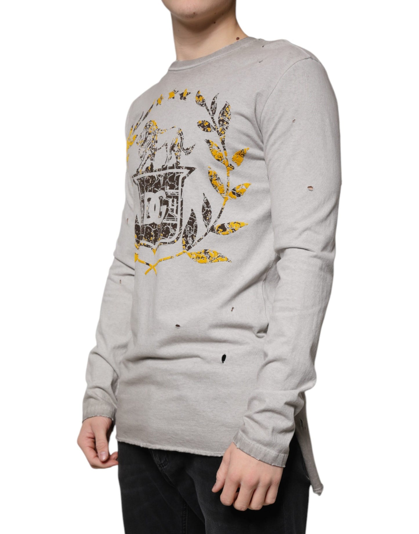 Dolce &amp; Gabbana Grau bedruckter Baumwollpullover mit Rundhalsausschnitt