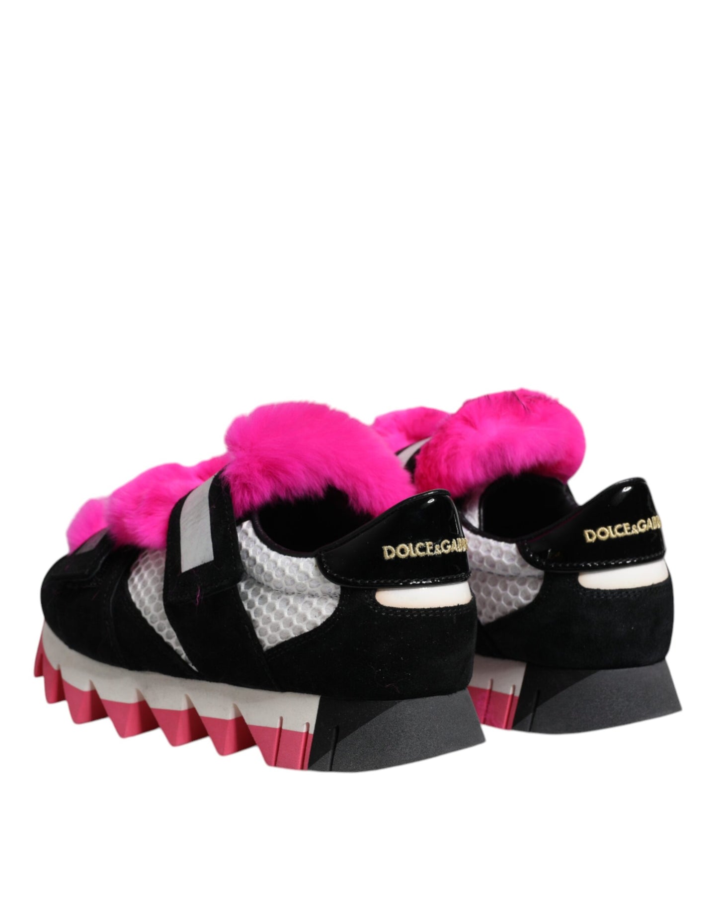 Dolce &amp; Gabbana – Schwarze, rosa, mit Pelz verzierte Sneakers