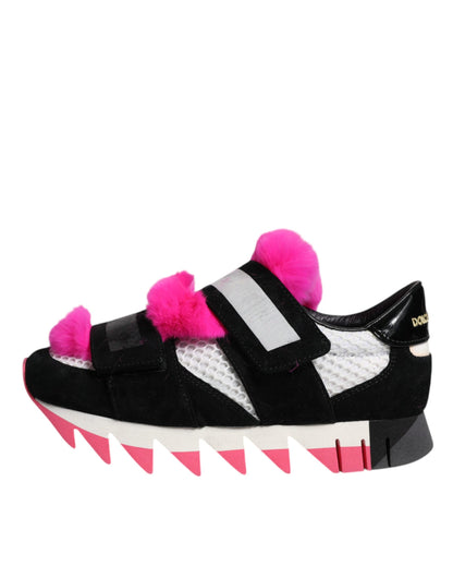 Dolce &amp; Gabbana – Schwarze, rosa, mit Pelz verzierte Sneakers