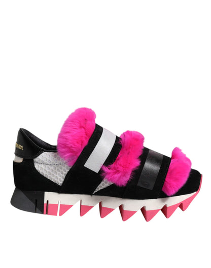 Dolce &amp; Gabbana – Schwarze, rosa, mit Pelz verzierte Sneakers